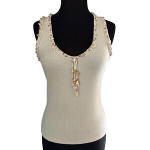 Cache Lillie Rubin Cream Sea Shell Bead Trim Sleeveless Stretch Top Sz S NWT